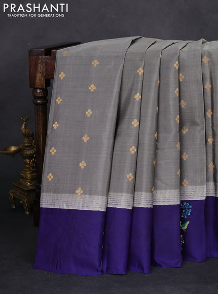 Pure gadwal silk saree grey and blue with zari woven buttas and temple design embroidery border