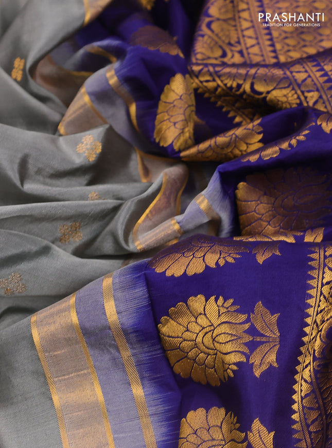 Pure gadwal silk saree grey and blue with zari woven buttas and temple design embroidery border
