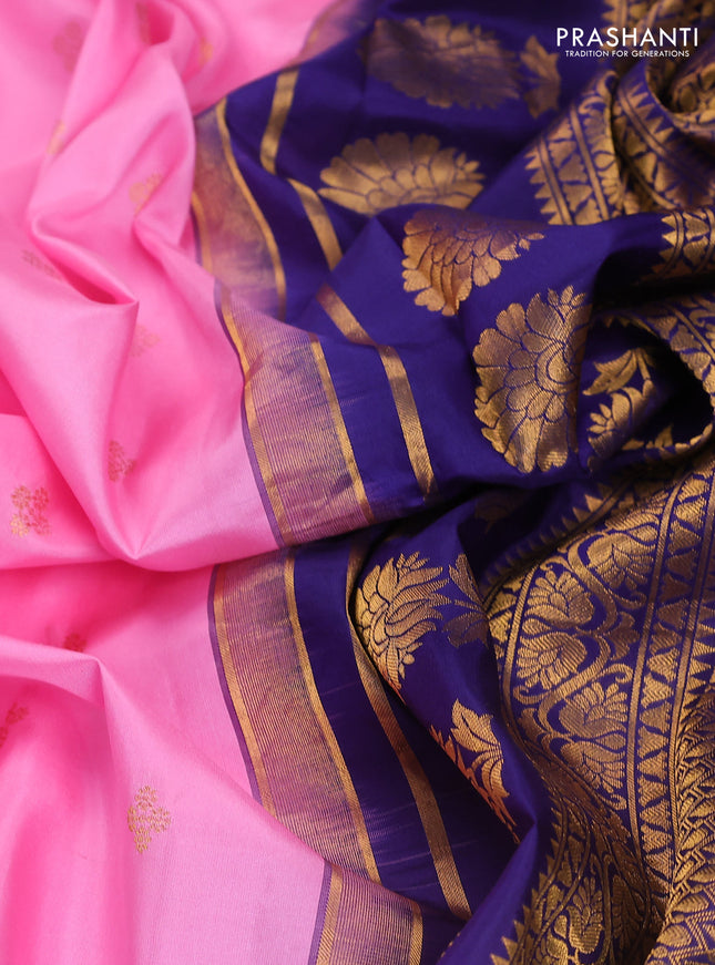 Pure gadwal silk saree light pink and blue with zari woven buttas and temple design embroidery border