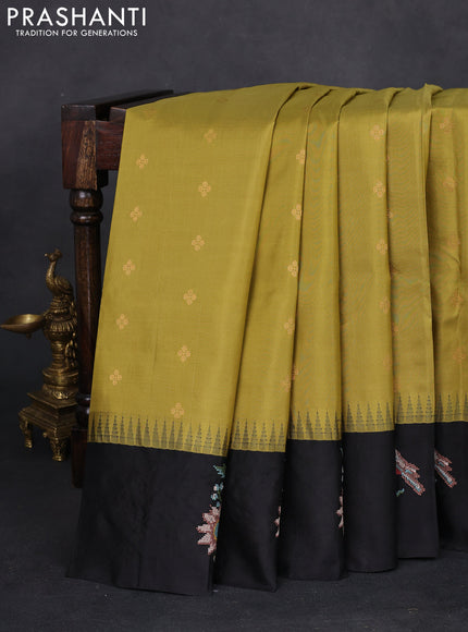 Pure gadwal silk saree mehendi green and black with zari woven buttas and temple design embroidery border