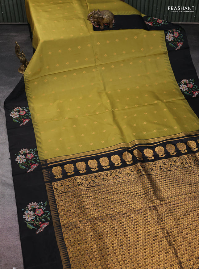 Pure gadwal silk saree mehendi green and black with zari woven buttas and temple design embroidery border