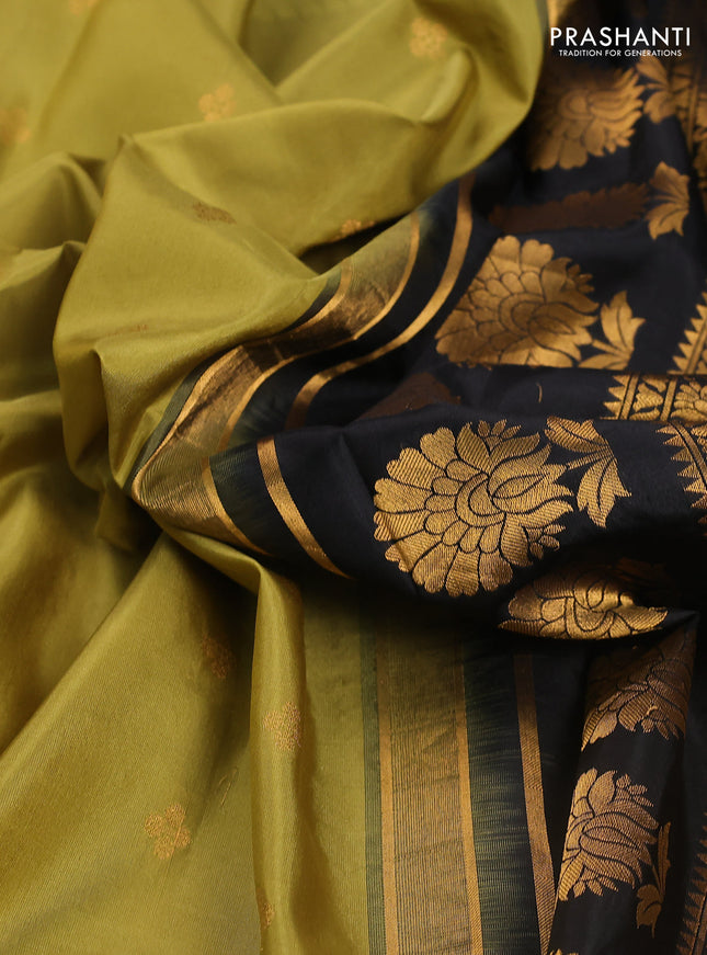 Pure gadwal silk saree mehendi green and black with zari woven buttas and temple design embroidery border