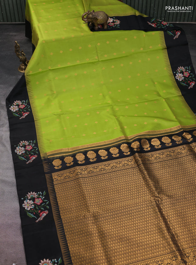 Pure gadwal silk saree light green and black with zari woven buttas and temple design embroidery border
