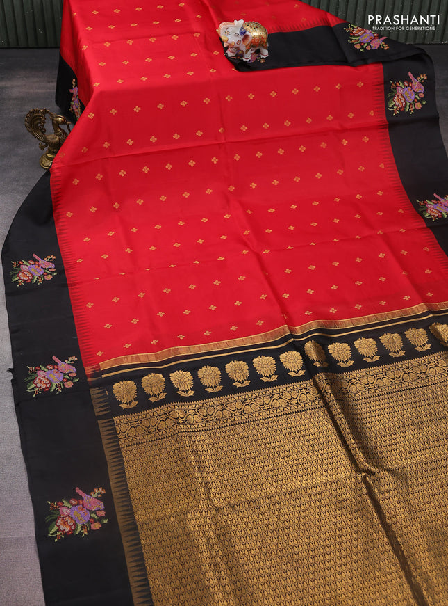 Pure gadwal silk saree red and black with zari woven buttas and temple design embroidery border