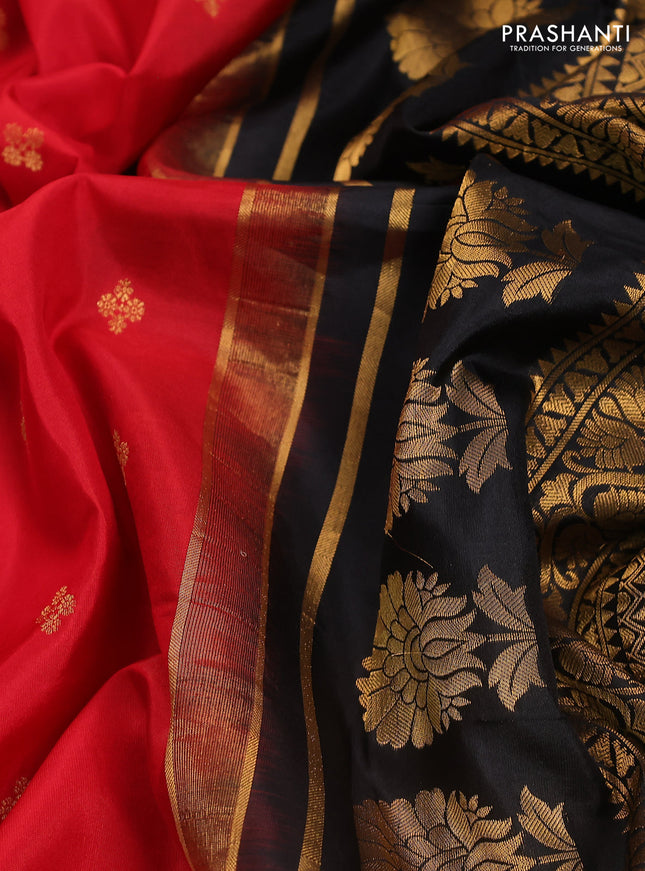 Pure gadwal silk saree red and black with zari woven buttas and temple design embroidery border