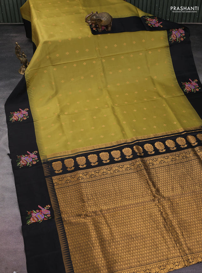 Pure gadwal silk saree lime green and black with zari woven buttas and temple design embroidery border