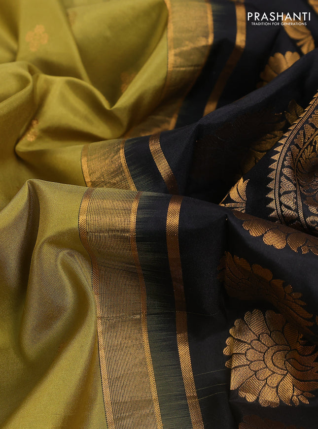 Pure gadwal silk saree lime green and black with zari woven buttas and temple design embroidery border