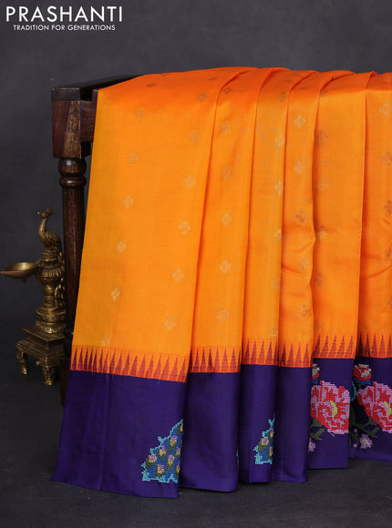 Pure gadwal silk saree mango yellow and blue with zari woven buttas and temple design embroidery border
