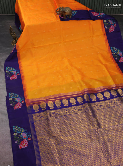 Pure gadwal silk saree mango yellow and blue with zari woven buttas and temple design embroidery border