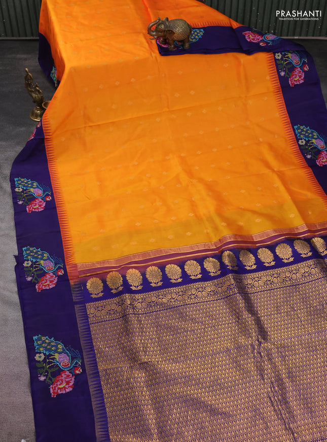 Pure gadwal silk saree mango yellow and blue with zari woven buttas and temple design embroidery border