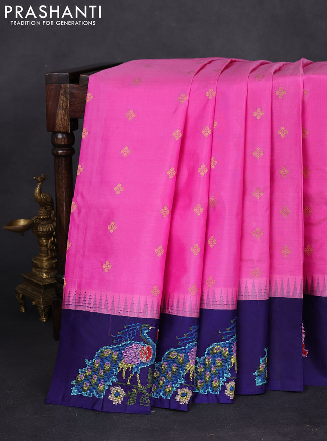 Pure gadwal silk saree pink and blue with zari woven buttas and temple design embroidery border