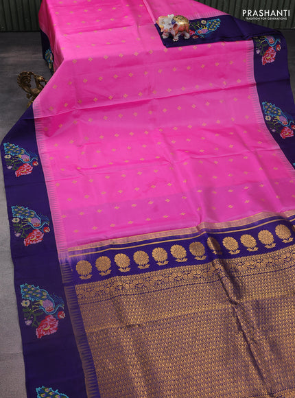Pure gadwal silk saree pink and blue with zari woven buttas and temple design embroidery border