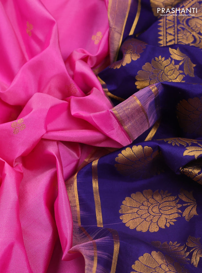 Pure gadwal silk saree pink and blue with zari woven buttas and temple design embroidery border