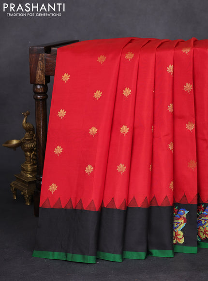 Pure gadwal silk saree red and black with zari woven buttas and temple design embroidery border