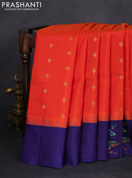 Pure gadwal silk saree sunset orange and blue with zari woven buttas and temple design embroidery border
