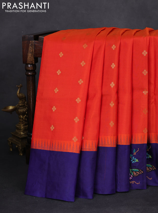 Pure gadwal silk saree sunset orange and blue with zari woven buttas and temple design embroidery border