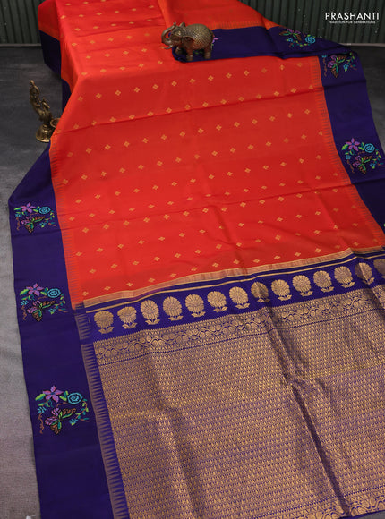 Pure gadwal silk saree sunset orange and blue with zari woven buttas and temple design embroidery border