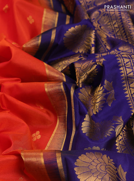 Pure gadwal silk saree sunset orange and blue with zari woven buttas and temple design embroidery border