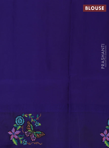 Pure gadwal silk saree sunset orange and blue with zari woven buttas and temple design embroidery border