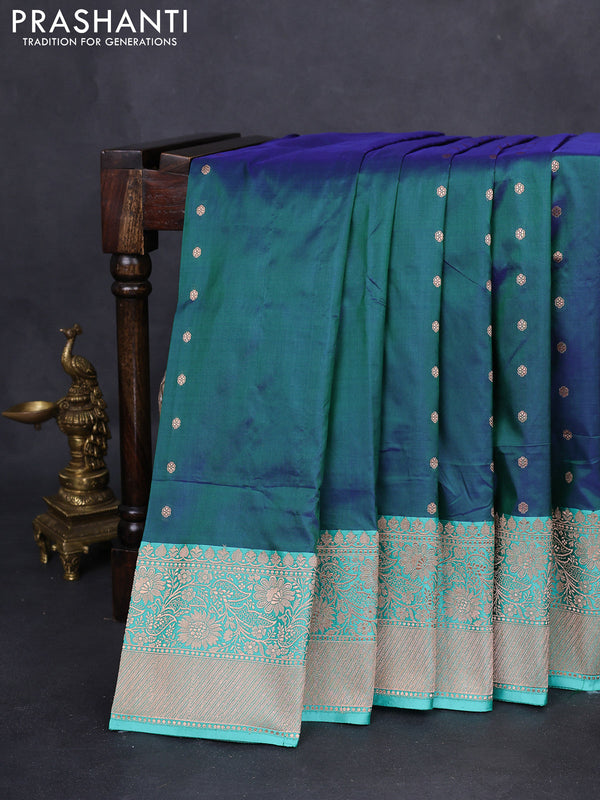 Banarasi katan silk saree dual shade of green and teal green with zari woven buttas and zari woven border