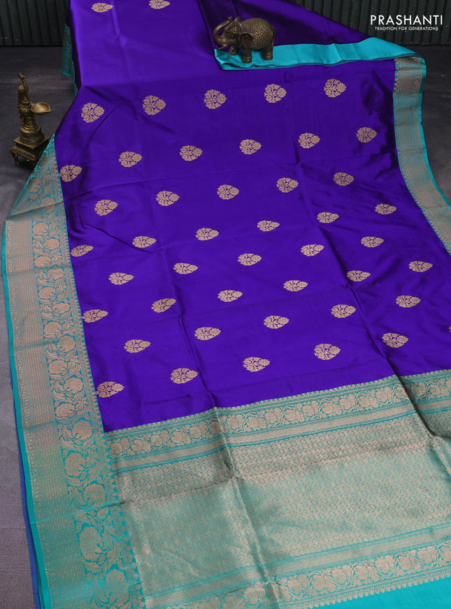 Banarasi katan silk saree blue and teal green with zari woven buttas and zari woven border