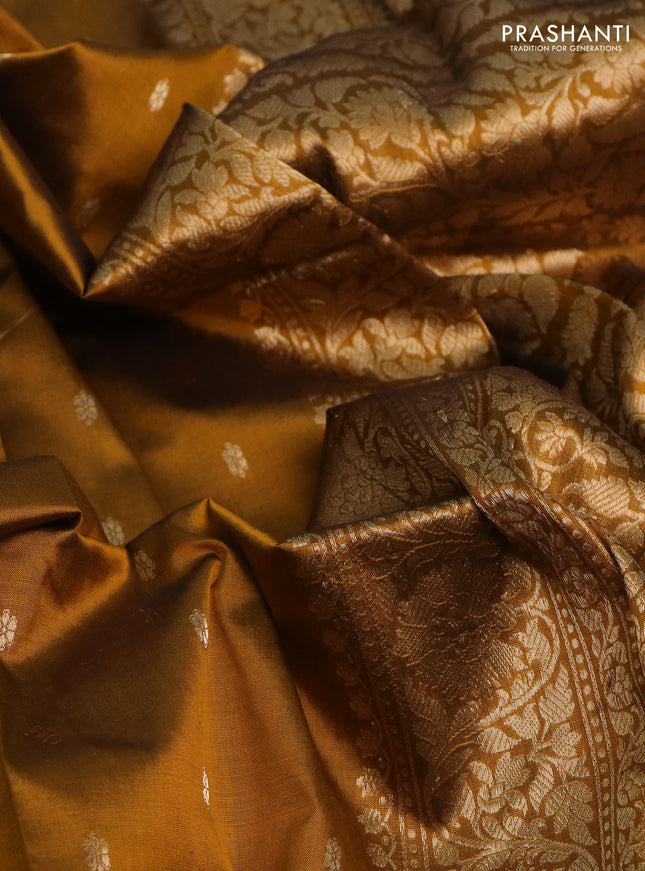 Banarasi katan silk saree dark mustard with allover zari woven buttas and zari woven border