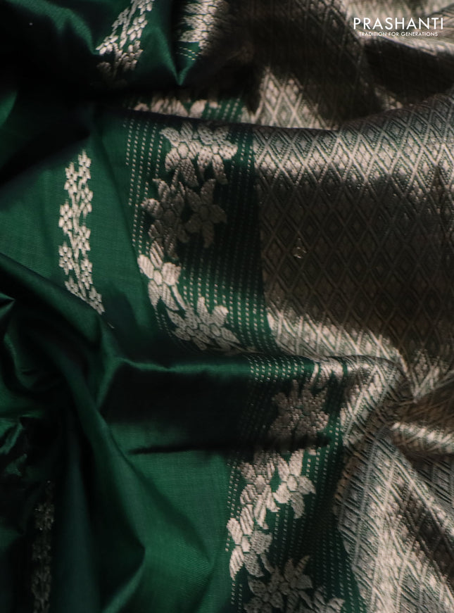 Banarasi katan silk saree dark green with zari woven buttas and zari woven border