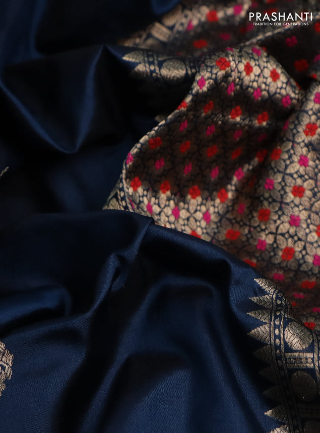 Banarasi katan silk saree peacock blue and red with zari woven buttas and simple zari border