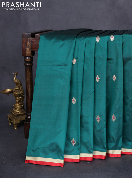 Banarasi katan silk saree peacock green and red with zari woven buttas and simple zari border