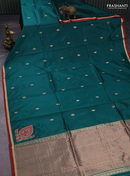 Banarasi katan silk saree peacock green and red with zari woven buttas and simple zari border