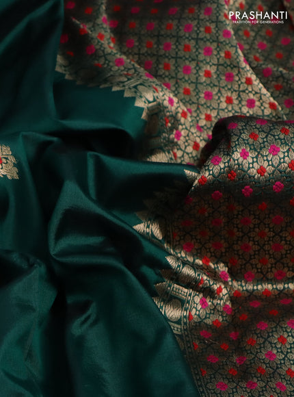 Banarasi katan silk saree peacock green and red with zari woven buttas and simple zari border