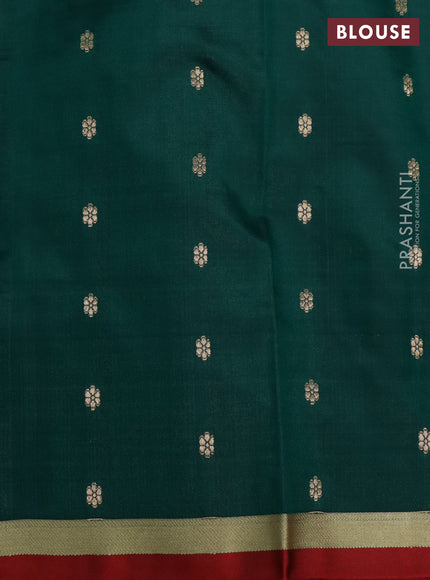 Banarasi katan silk saree peacock green and red with zari woven buttas and simple zari border