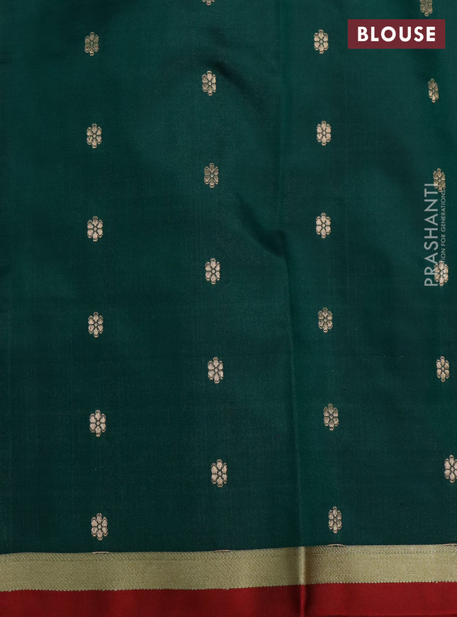 Banarasi katan silk saree peacock green and red with zari woven buttas and simple zari border