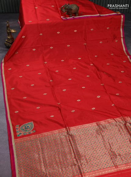 Banarasi katan silk saree red and pink with zari woven buttas and simple zari border