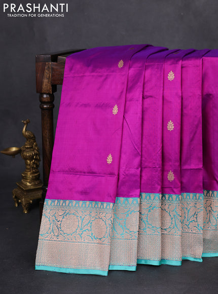 Banarasi katan silk saree purple and teal blue with zari woven buttas and floral zari woven border