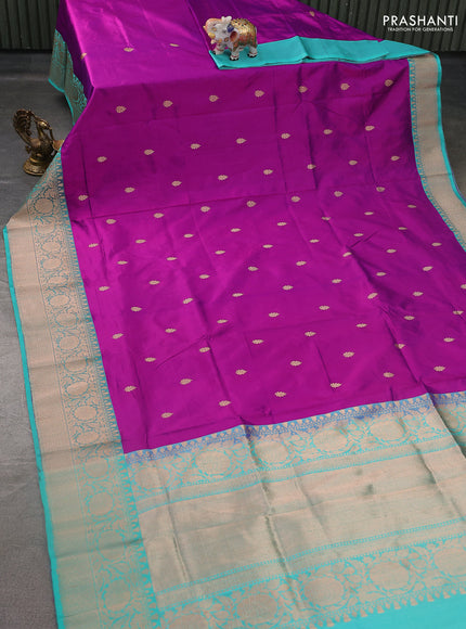 Banarasi katan silk saree purple and teal blue with zari woven buttas and floral zari woven border