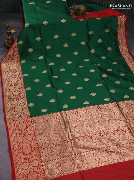 Banarasi katan silk saree green and red with zari woven buttas and floral zari woven border