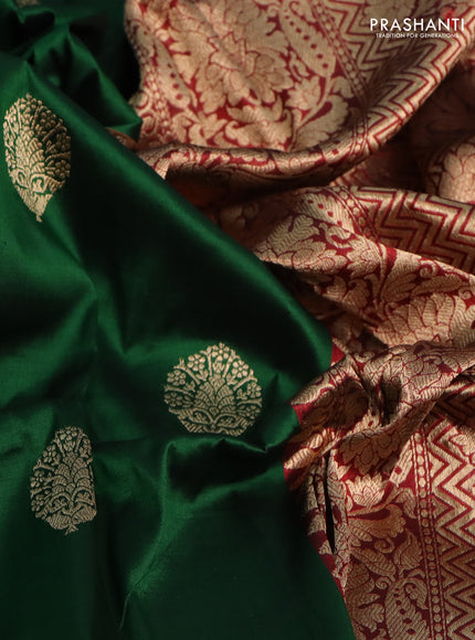 Banarasi katan silk saree green and red with zari woven buttas and floral zari woven border