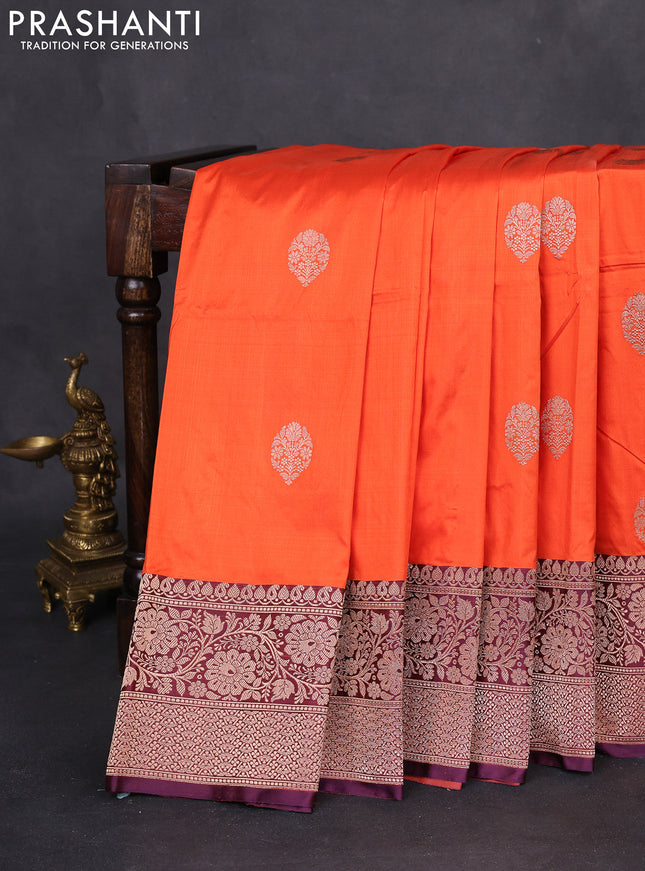 Banarasi katan silk saree orange and wine shade with zari woven buttas and floral zari woven border