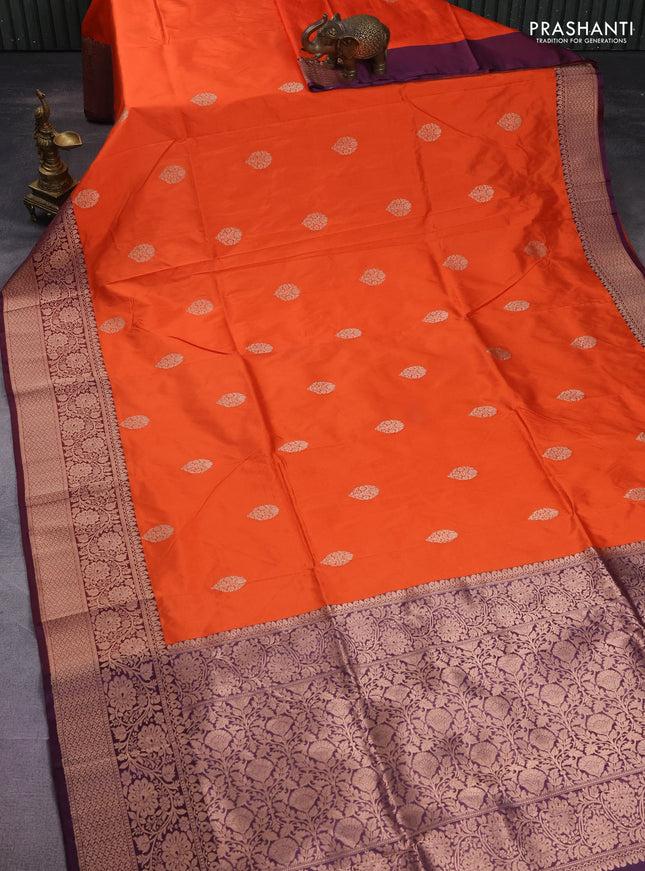 Banarasi katan silk saree orange and wine shade with zari woven buttas and floral zari woven border