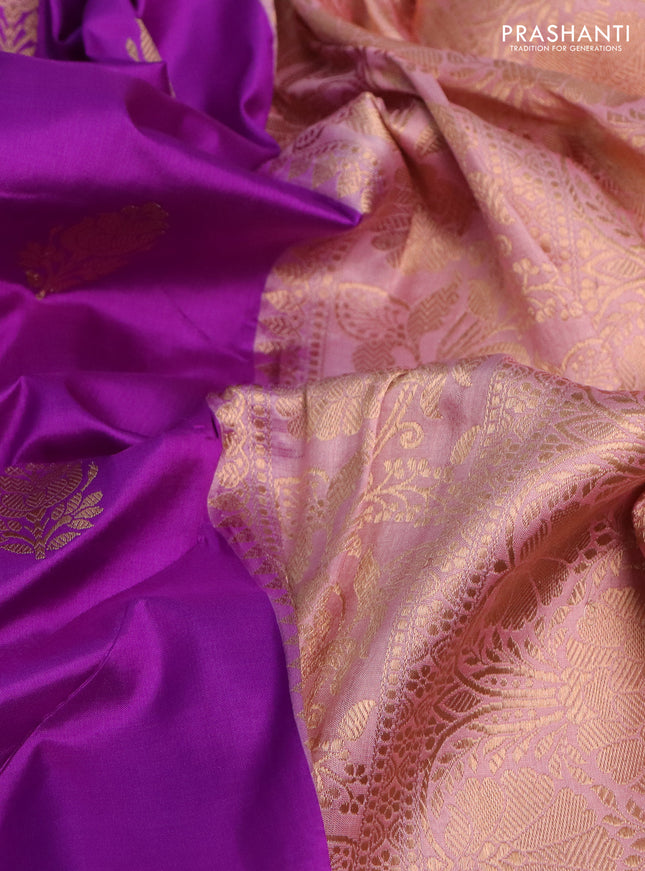 Banarasi katan silk saree purple and pastel pink with zari woven buttas and floral zari woven border