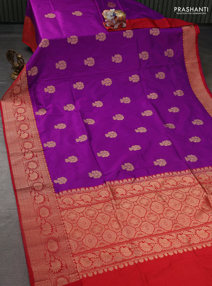 Banarasi katan silk saree violet and red with zari woven buttas and floral zari woven border
