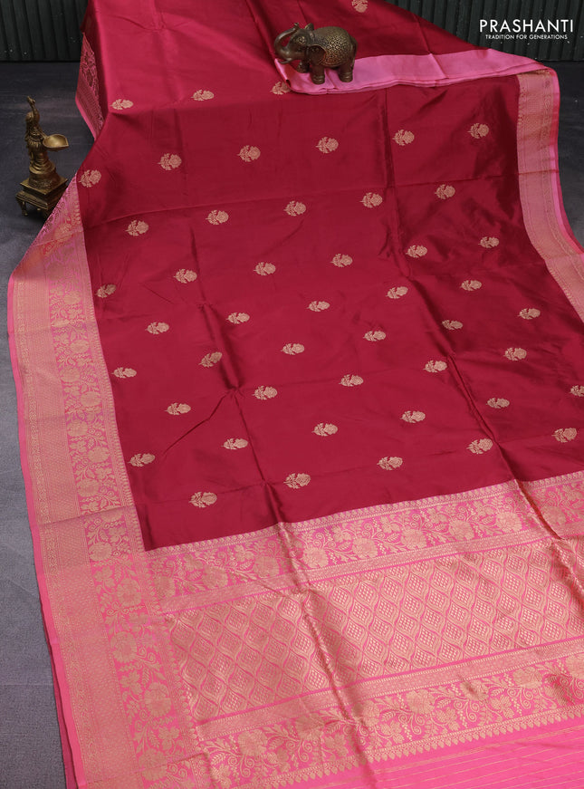 Banarasi katan silk saree maroon and peach pink with zari woven buttas and floral zari woven border