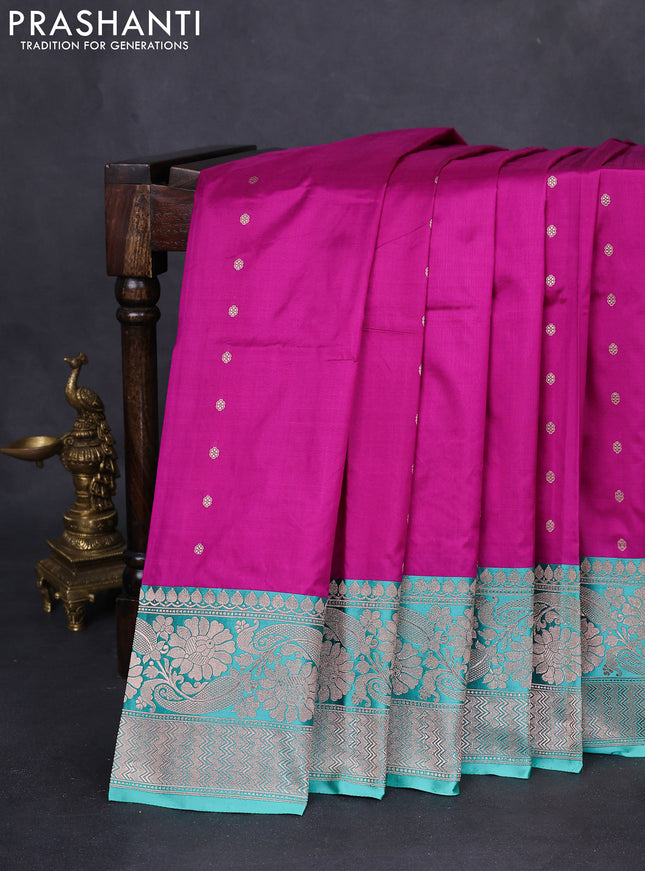 Banarasi katan silk saree purple and teal green shade with allover zari woven buttas and floral zari woven border