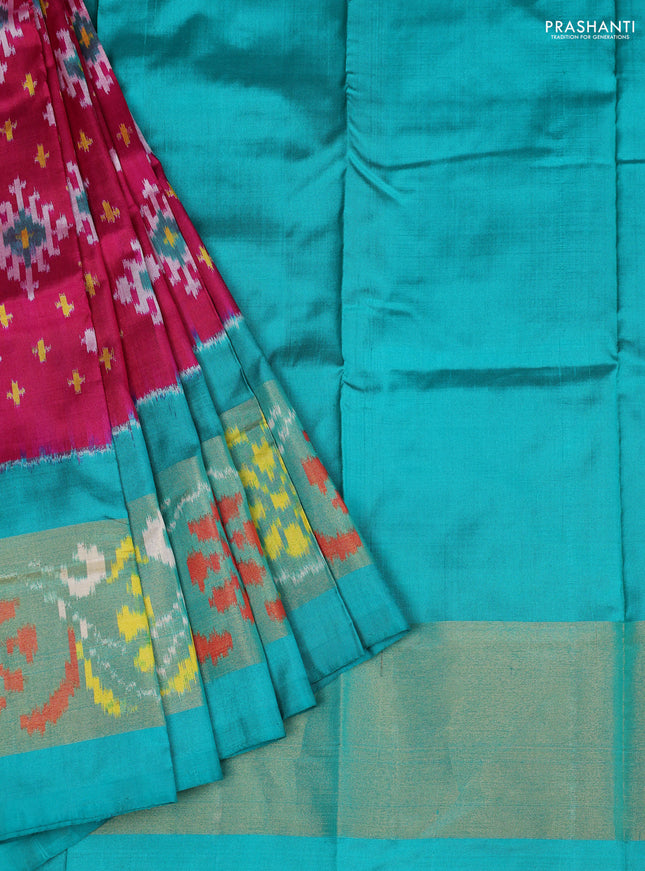 Ikat silk kids lehenga dark pink and teal green with ikat butta weaves and ikat zari woven border