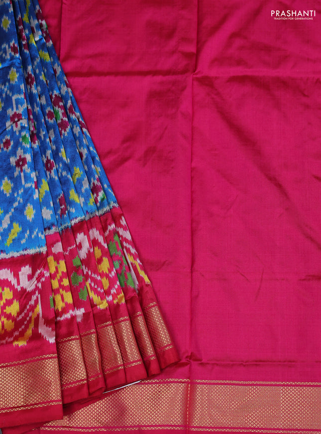 Ikat silk kids lehenga cs blue and pink with allover ikat weaves and long ikat woven zari border