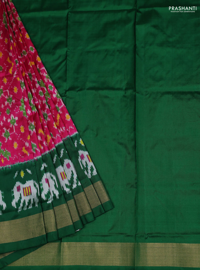 Ikat silk kids lehenga pink and green with allover ikat weaves and long ikat woven zari border