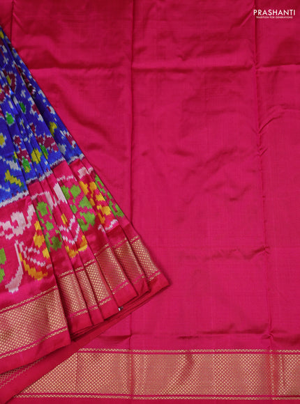 Ikat silk kids lehenga blue and pink with allover ikat weaves and long ikat woven zari border