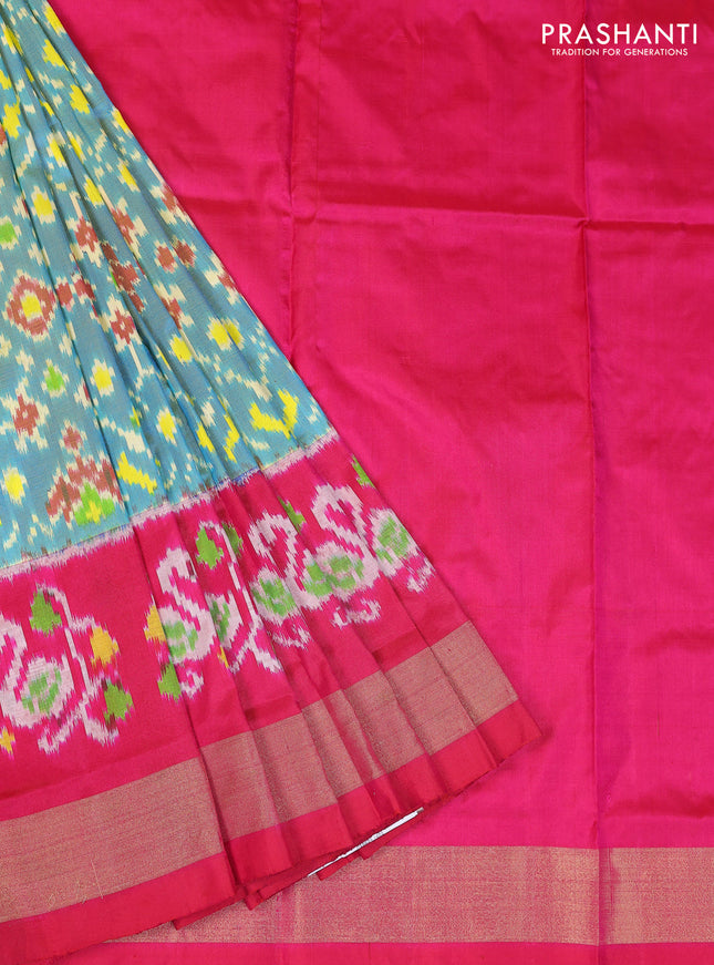 Ikat silk kids lehenga teal blue and pink with allover ikat weaves and zari woven border