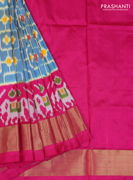 Ikat silk kids lehenga teal blue and pink with allover ikat weaves and long ikat woven zari border